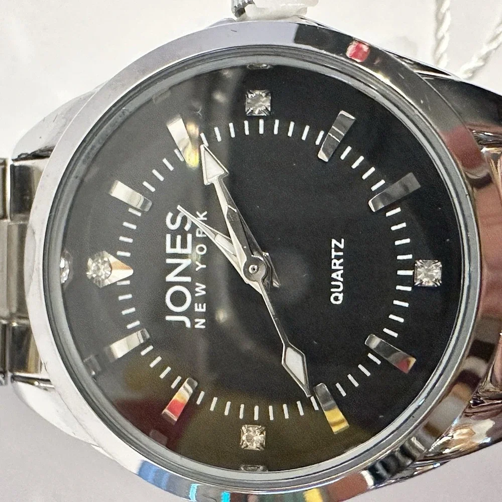 Jones New York JNYW2419L Women's Silver Tone Quartz Watch Black Dial NWT Box